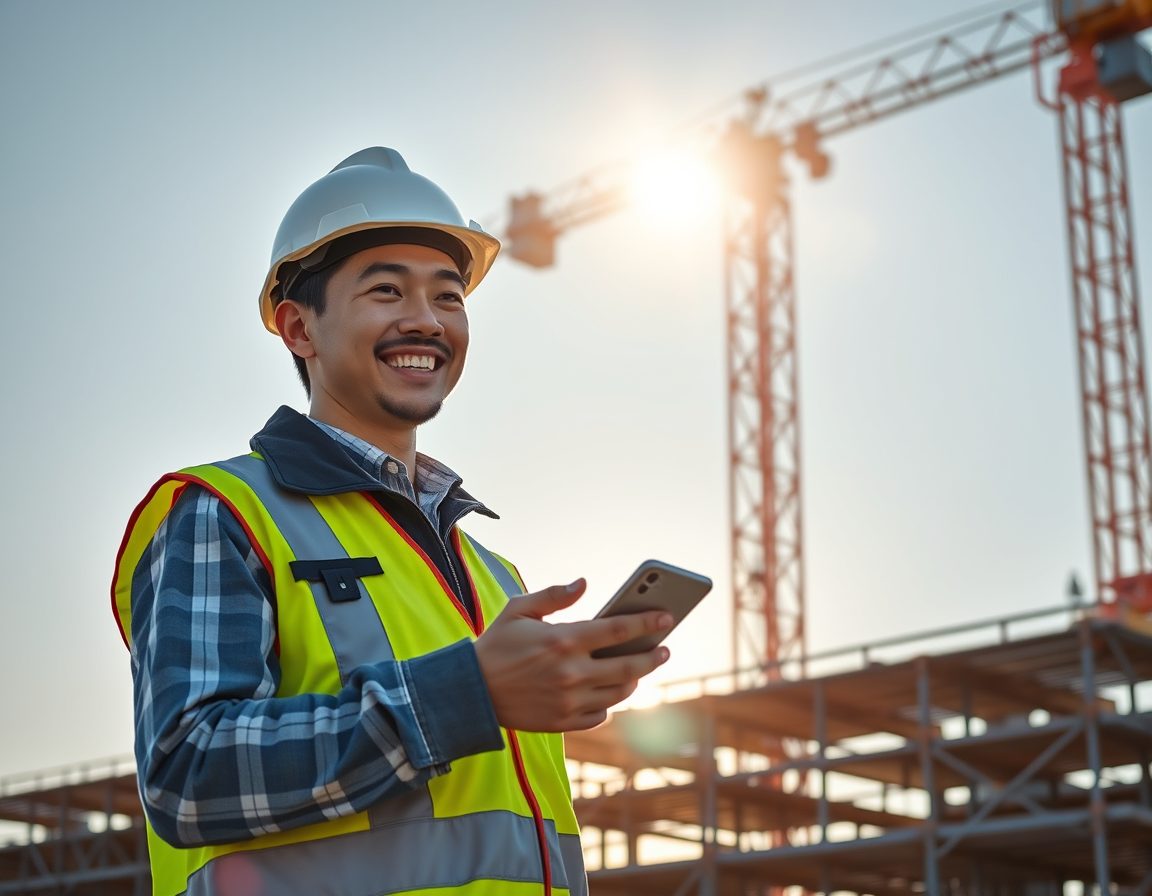 夕暮れの建設現場で、作業員がスマートフォンを操作している様子