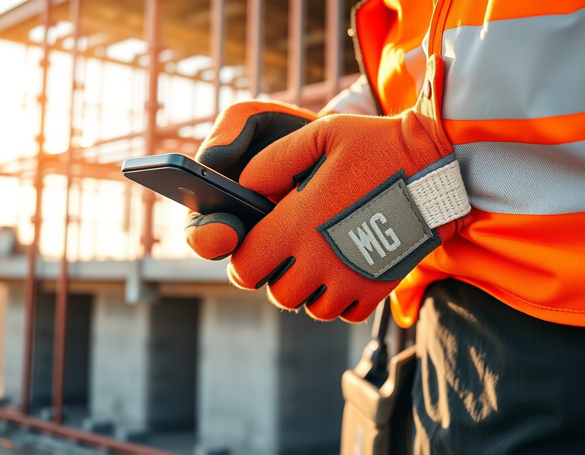 手袋をした手でスマートフォンを操作する現場作業員